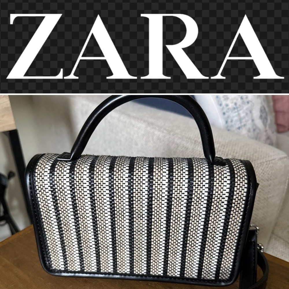 Zara Fabric Crossbody Clutch Bag Black/white/tan